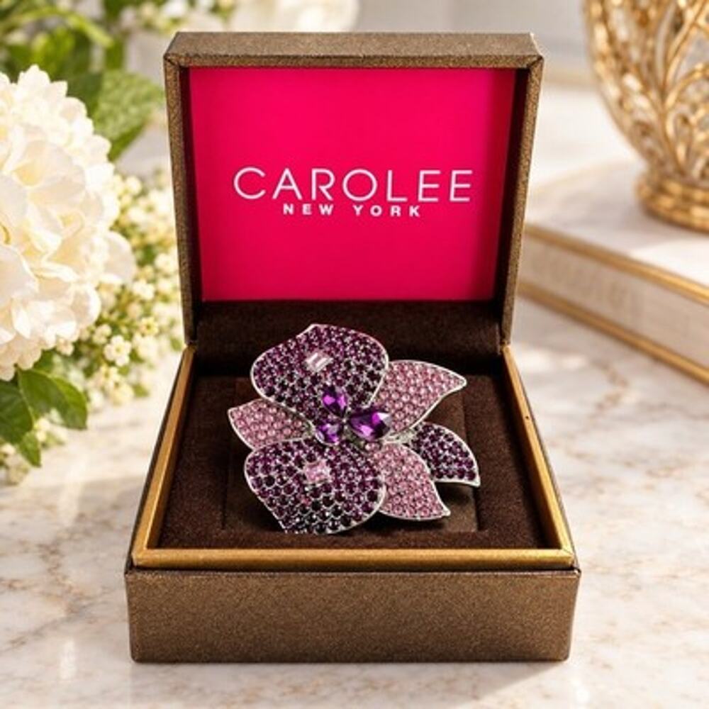 Carolee New York Purple Pink Rhinestone Flower Brooch Pin w Box $70 Tag
